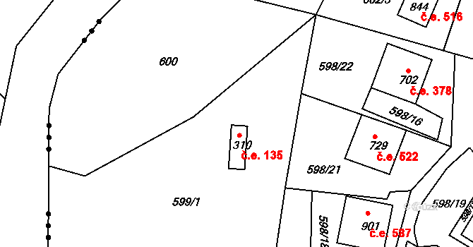 Sýkořice 135 na parcele st. 310 v KÚ Sýkořice, Katastrální mapa