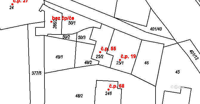 Komorovice 55 na parcele st. 25/2 v KÚ Komorovice, Katastrální mapa