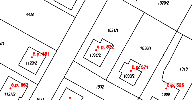 Kamenice nad Lipou 572 na parcele st. 1031/2 v KÚ Kamenice nad Lipou, Katastrální mapa