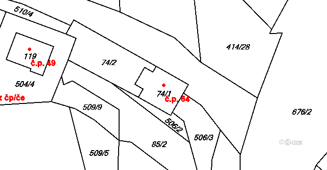 Černčice 64, Petrohrad na parcele st. 74/1 v KÚ Černčice u Petrohradu, Katastrální mapa