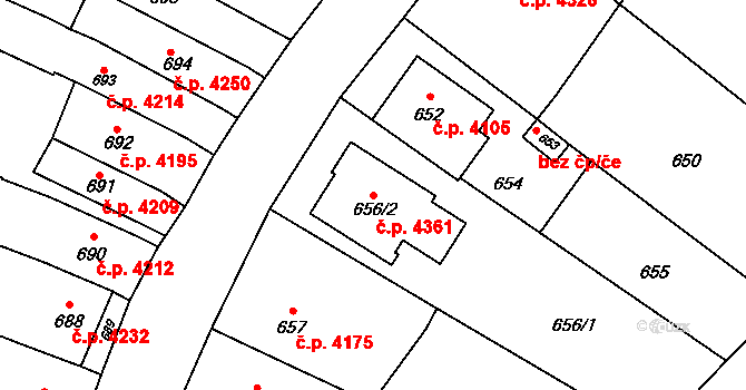 Bohuslavice 4361, Kyjov na parcele st. 656/2 v KÚ Bohuslavice u Kyjova, Katastrální mapa