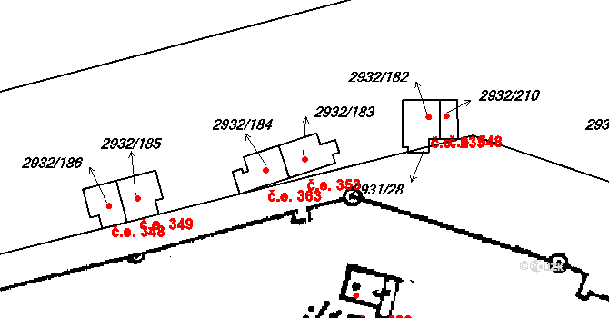 Lančov 353 na parcele st. 2932/183 v KÚ Lančov, Katastrální mapa