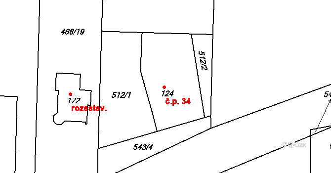 Chvalovice 34, Kovanice na parcele st. 124 v KÚ Chvalovice u Nymburka, Katastrální mapa