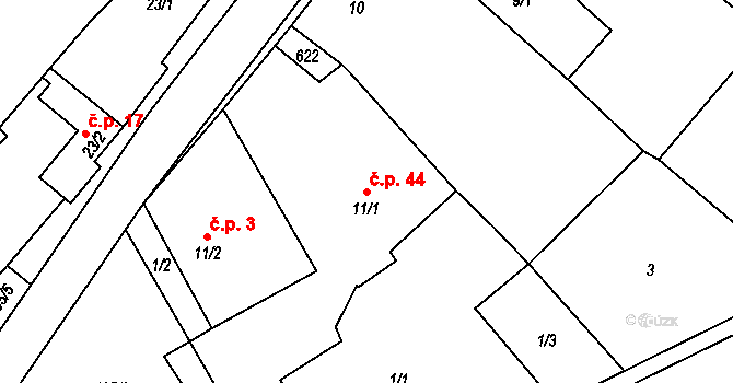 Ostrovec 44, Ostrovec-Lhotka na parcele st. 11/1 v KÚ Ostrovec u Terešova, Katastrální mapa