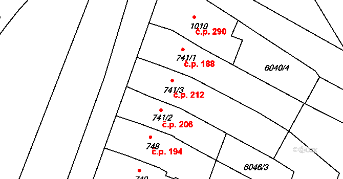 Telč-Podolí 212, Telč na parcele st. 741/3 v KÚ Telč, Katastrální mapa