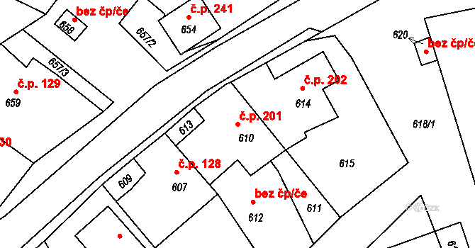 Stonařov 201 na parcele st. 610 v KÚ Stonařov, Katastrální mapa