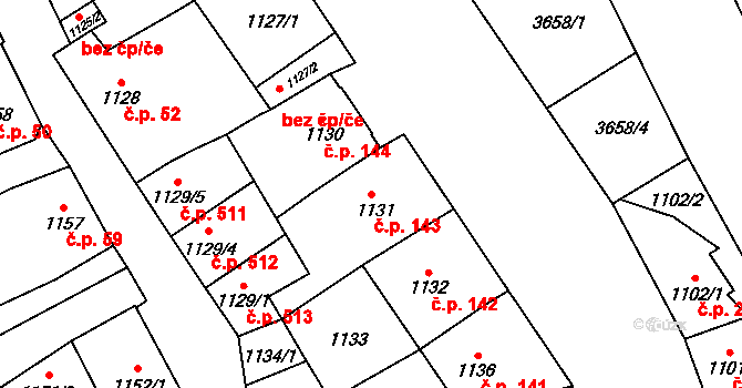 Vyškov-Město 143, Vyškov na parcele st. 1131 v KÚ Vyškov, Katastrální mapa