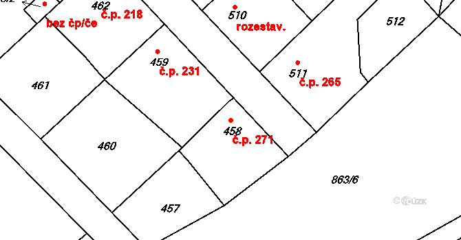 Loděnice 271 na parcele st. 458 v KÚ Loděnice u Berouna, Katastrální mapa