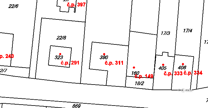 Slatinice 311 na parcele st. 390 v KÚ Slatinice na Hané, Katastrální mapa