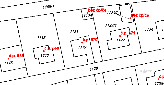 Bludov 670 na parcele st. 1119 v KÚ Bludov, Katastrální mapa