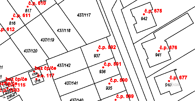Mařatice 592, Uherské Hradiště na parcele st. 937 v KÚ Mařatice, Katastrální mapa