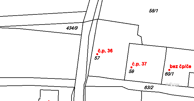 Olešník 36 na parcele st. 57 v KÚ Olešník, Katastrální mapa