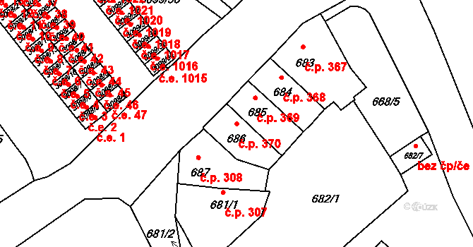 Pelhřimov 370 na parcele st. 686 v KÚ Pelhřimov, Katastrální mapa