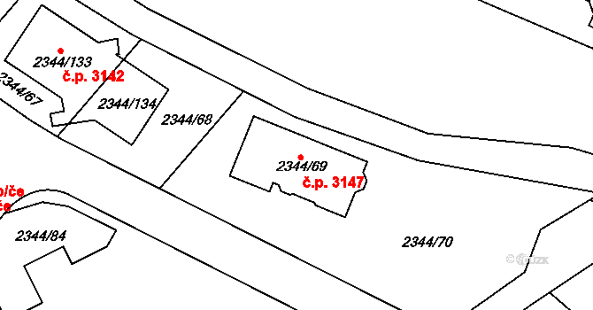 Teplice 3147 na parcele st. 2344/69 v KÚ Teplice, Katastrální mapa