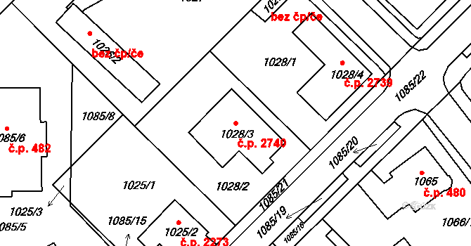 Frýdek 2740, Frýdek-Místek na parcele st. 1028/3 v KÚ Frýdek, Katastrální mapa