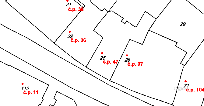 Velký Borek 47 na parcele st. 25 v KÚ Velký Borek, Katastrální mapa