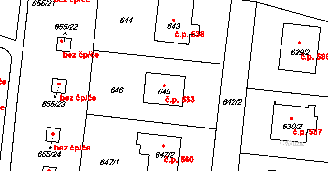 Vinoř 533, Praha na parcele st. 645 v KÚ Vinoř, Katastrální mapa