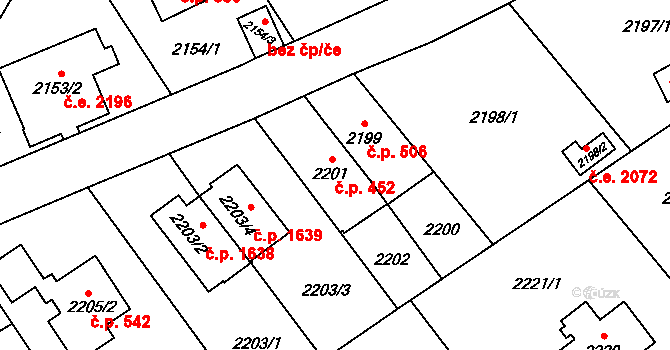 Radotín 452, Praha na parcele st. 2201 v KÚ Radotín, Katastrální mapa