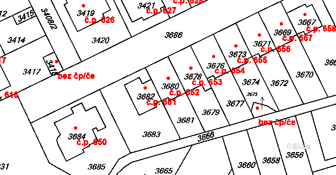 Záběhlice 652, Praha na parcele st. 3680 v KÚ Záběhlice, Katastrální mapa