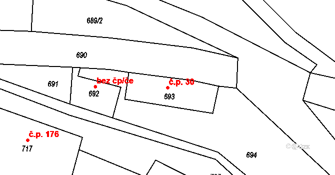 Jindřichovice pod Smrkem 30 na parcele st. 693 v KÚ Jindřichovice pod Smrkem, Katastrální mapa