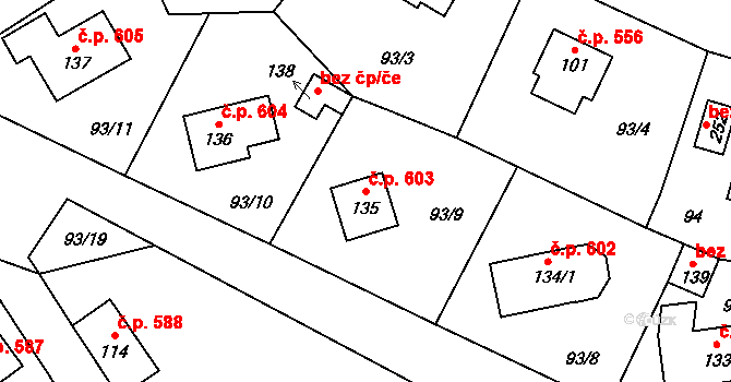 Chrastava 603 na parcele st. 135 v KÚ Chrastava II, Katastrální mapa