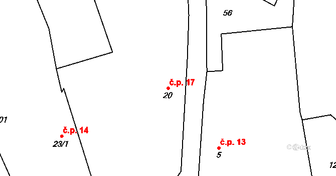 Držovice 17, Úštěk na parcele st. 20 v KÚ Držovice, Katastrální mapa