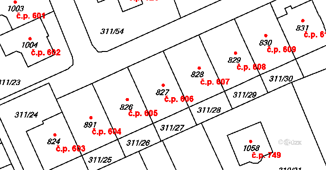 Horoměřice 606 na parcele st. 827 v KÚ Horoměřice, Katastrální mapa