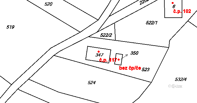 Jirkov 117, Železný Brod na parcele st. 347 v KÚ Jirkov u Železného Brodu, Katastrální mapa
