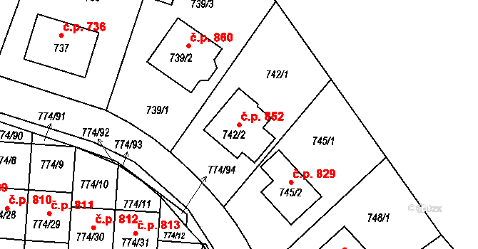 Libušín 852 na parcele st. 742/2 v KÚ Libušín, Katastrální mapa