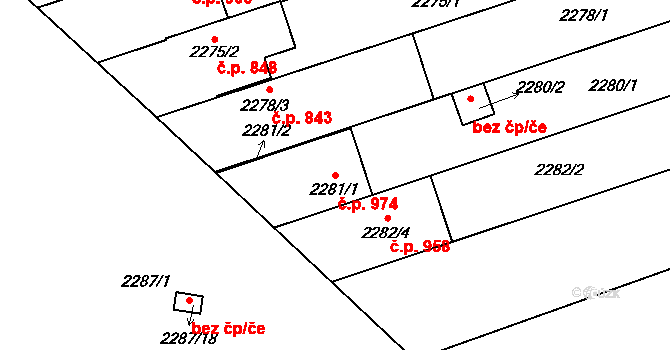 Lužice 974 na parcele st. 2281/1 v KÚ Lužice u Hodonína, Katastrální mapa