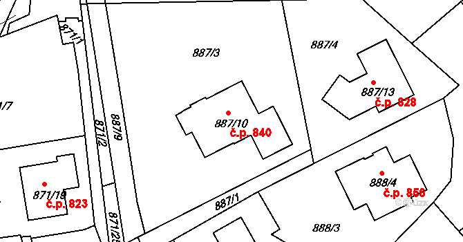 Kolovraty 840, Praha na parcele st. 887/10 v KÚ Kolovraty, Katastrální mapa