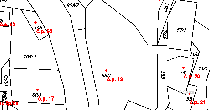 Chocerady 18 na parcele st. 58/1 v KÚ Chocerady, Katastrální mapa