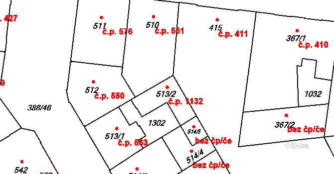Přívoz 1132, Ostrava na parcele st. 513/2 v KÚ Přívoz, Katastrální mapa