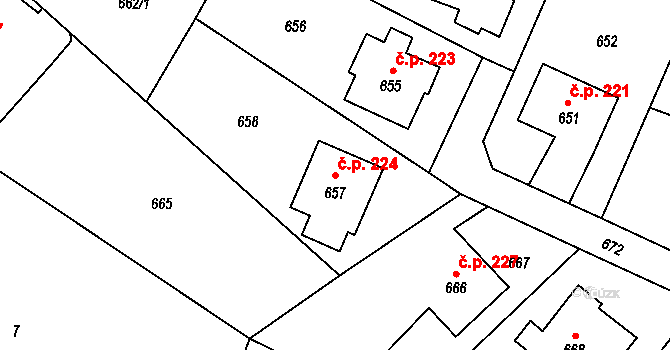 Suché Lazce 224, Opava na parcele st. 657 v KÚ Suché Lazce, Katastrální mapa