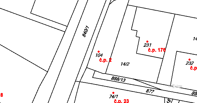 Tuněchody 2 na parcele st. 104 v KÚ Tuněchody, Katastrální mapa
