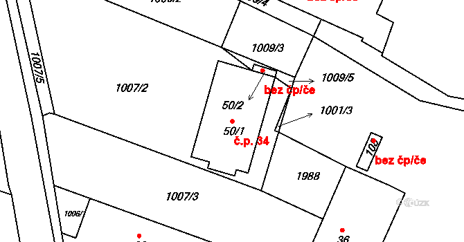 Mezholezy 34 na parcele st. 50/1 v KÚ Mezholezy u Horšovského Týna, Katastrální mapa