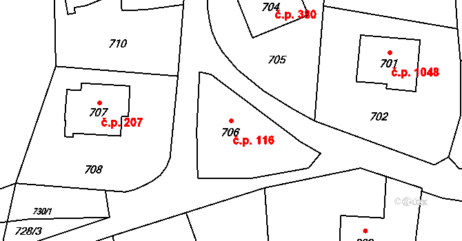 Dětmarovice 116 na parcele st. 706 v KÚ Dětmarovice, Katastrální mapa