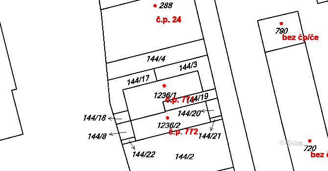 Prštné 771, Zlín na parcele st. 1236/1 v KÚ Prštné, Katastrální mapa