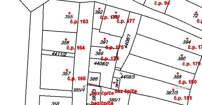 Chotěboř 174 na parcele st. 389 v KÚ Chotěboř, Katastrální mapa