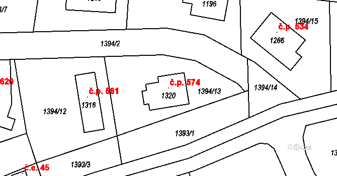 Příluky 574, Zlín na parcele st. 1320 v KÚ Příluky u Zlína, Katastrální mapa