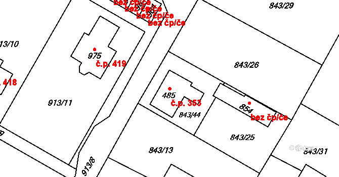 Mladé Buky 353 na parcele st. 485 v KÚ Mladé Buky, Katastrální mapa
