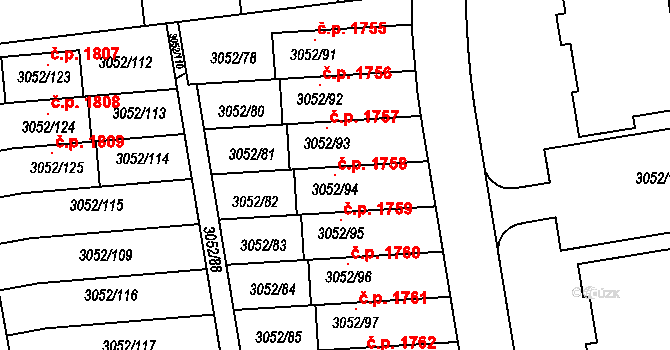 Bystřice nad Pernštejnem 1758 na parcele st. 3052/94 v KÚ Bystřice nad Pernštejnem, Katastrální mapa
