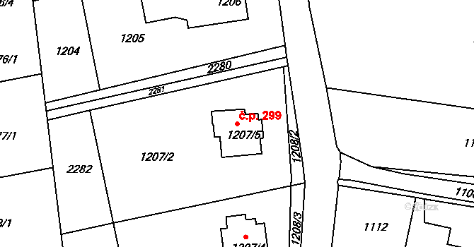 Lyžbice 299, Třinec na parcele st. 1207/5 v KÚ Lyžbice, Katastrální mapa