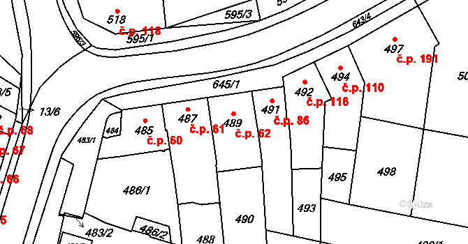 Kobylnice 62 na parcele st. 489 v KÚ Kobylnice u Brna, Katastrální mapa