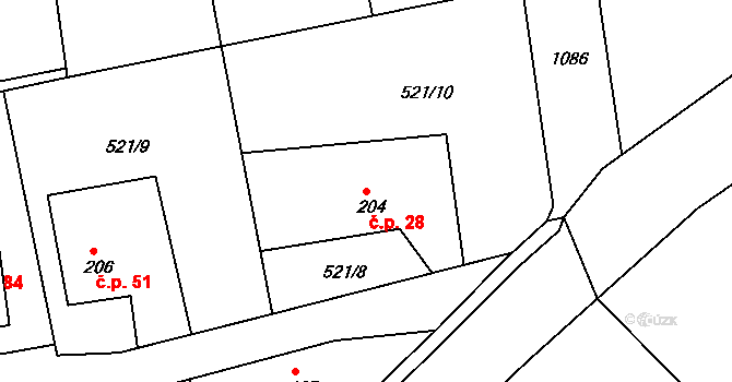 Lučice 28, Chlumec nad Cidlinou na parcele st. 204 v KÚ Lučice u Chlumce nad Cidlinou, Katastrální mapa