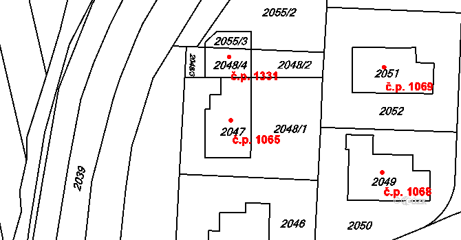 Hulín 1065 na parcele st. 2047 v KÚ Hulín, Katastrální mapa