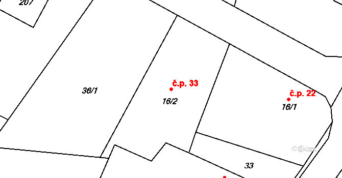 Sukorady 33 na parcele st. 16/2 v KÚ Sukorady u Hořic, Katastrální mapa