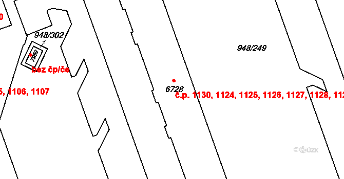 Horka-Domky 1124,1125,1126,1127,, Třebíč na parcele st. 6728 v KÚ Třebíč, Katastrální mapa