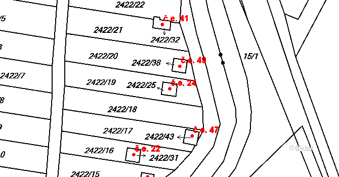 Husovice 24, Brno na parcele st. 2422/25 v KÚ Husovice, Katastrální mapa