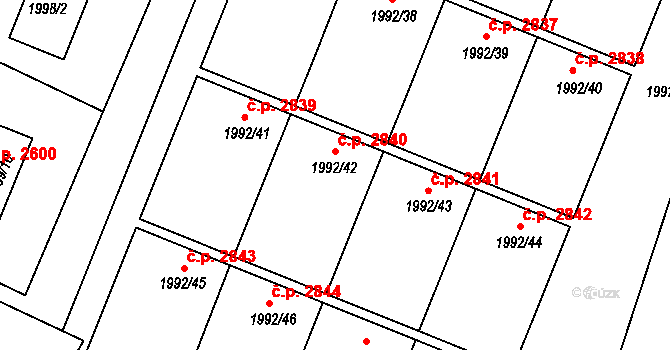 Teplice 2840 na parcele st. 1992/42 v KÚ Teplice, Katastrální mapa